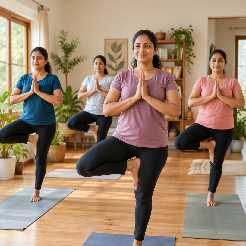 Students practising yoga in the studio