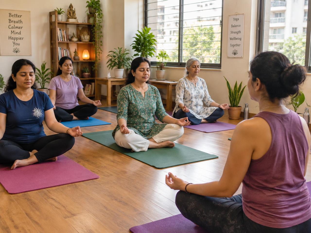 Yoga instructor guiding a small group class at Sukoon Yoga Studio