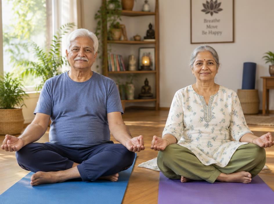 Senior citizens practising gentle yoga