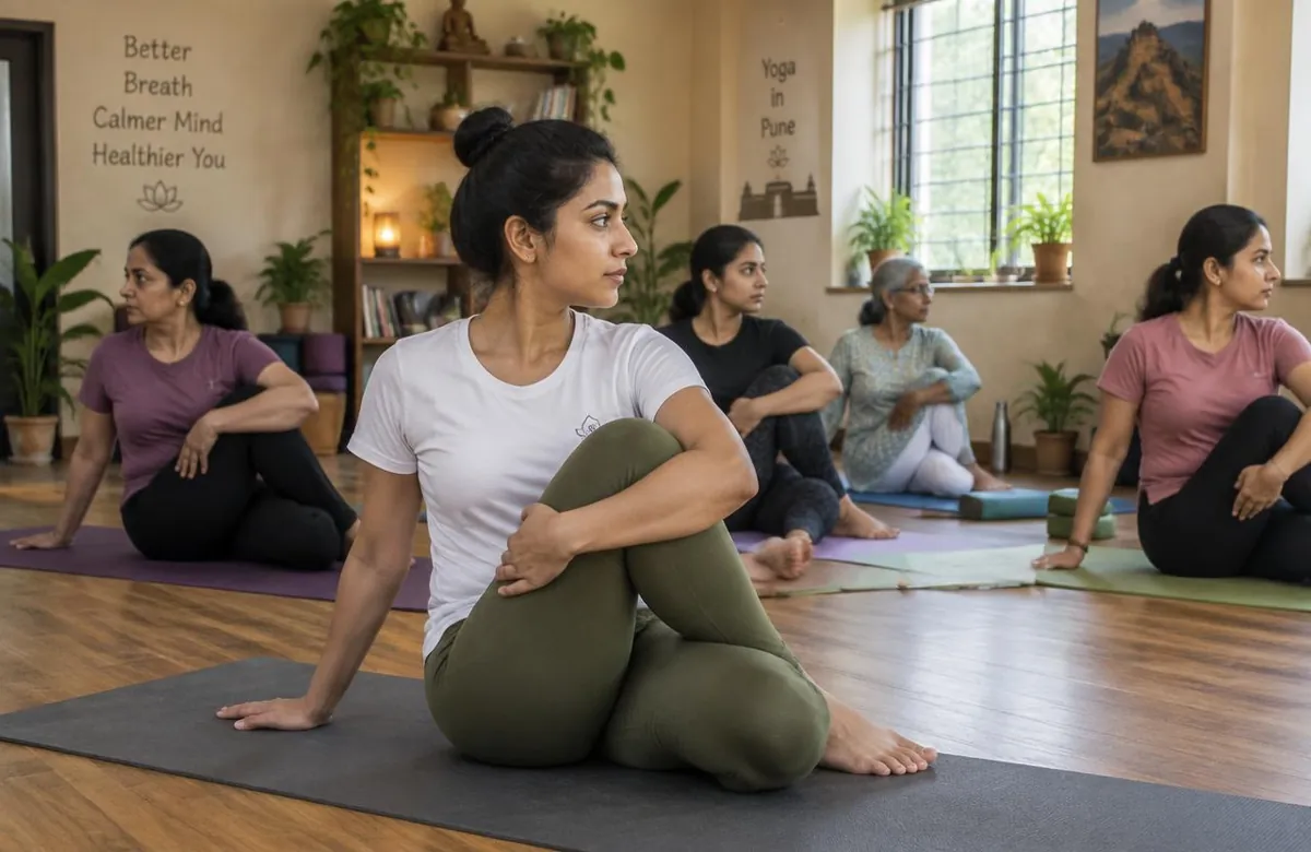 Ananya guiding a seated stretch in a small group class