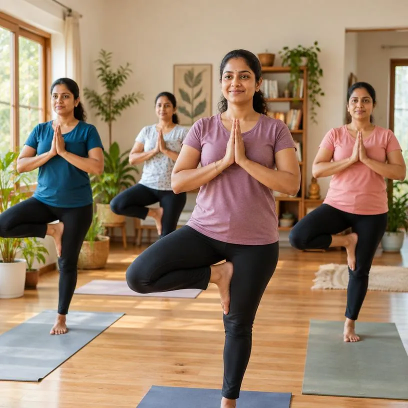 A small group practising guided yoga together in a sunlit studio