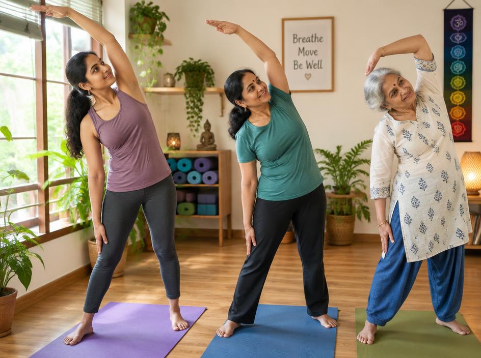 Women's yoga batch practising together