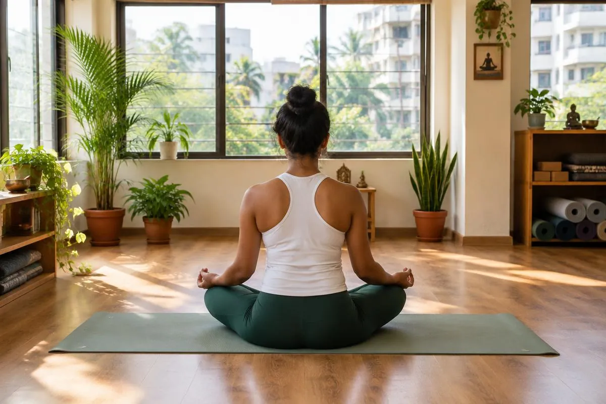 An Indian woman meditating on a yoga mat in a sunlit studio