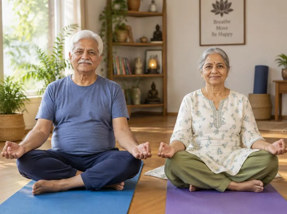 Senior citizens practising gentle, comfortable yoga at Sukoon Yoga Studio