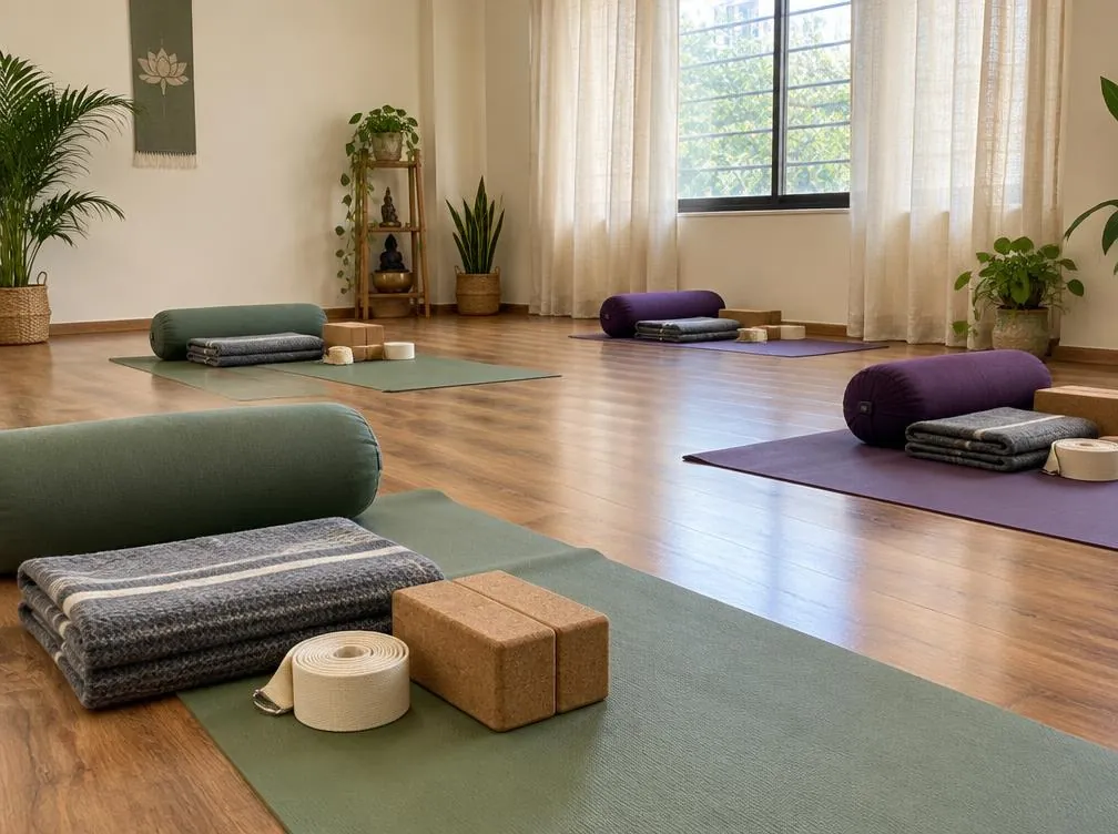 Yoga mats prepared with blocks, bolsters, blankets and straps
