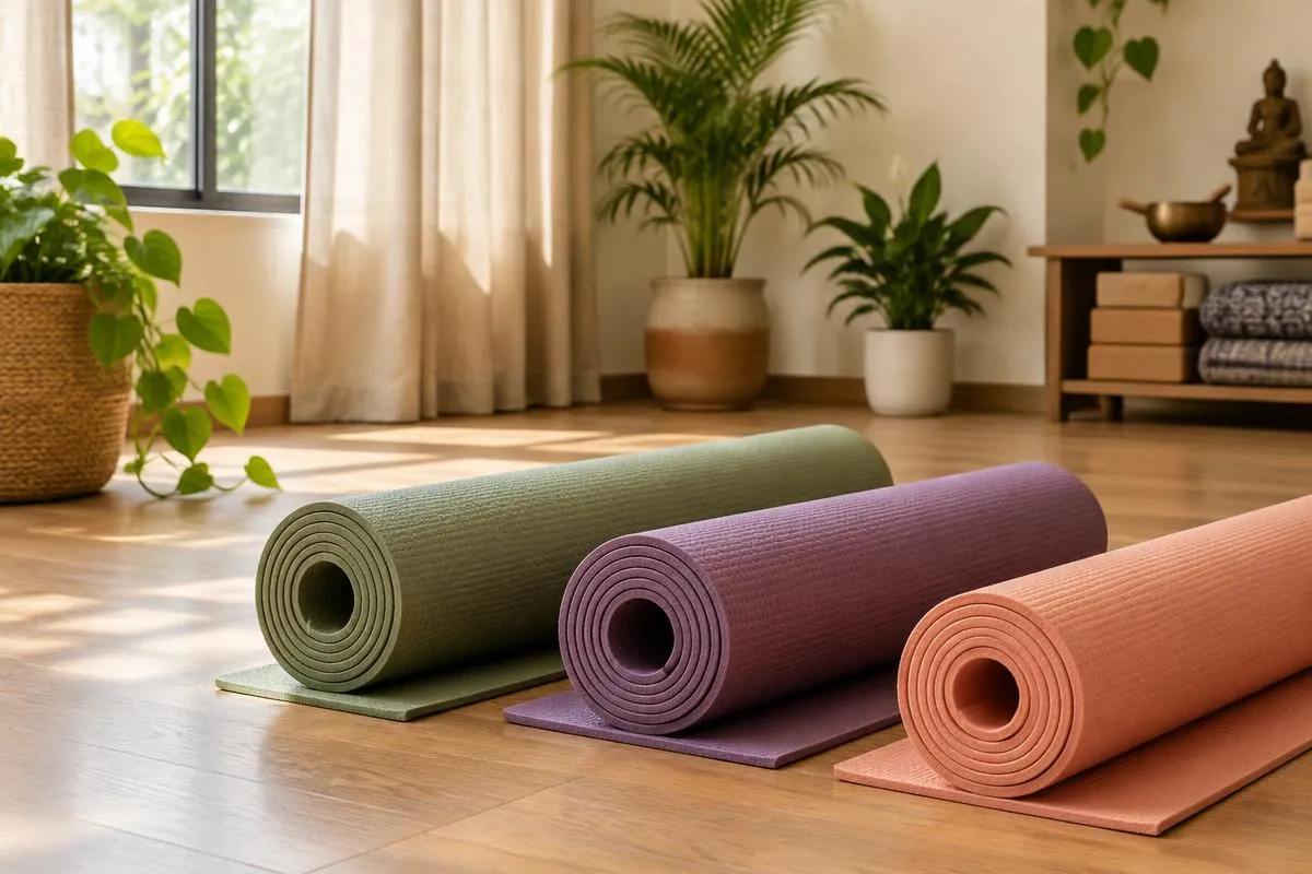 Sage, purple and peach yoga mats in a peaceful, naturally lit studio