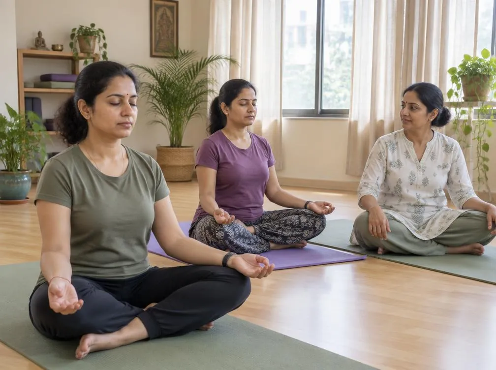 Women sitting comfortably on yoga mats for mindful breathing