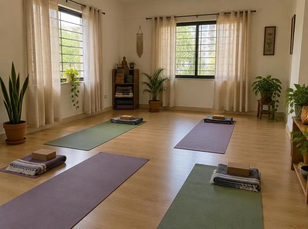 A peaceful yoga studio with natural light, plants and neatly arranged mats