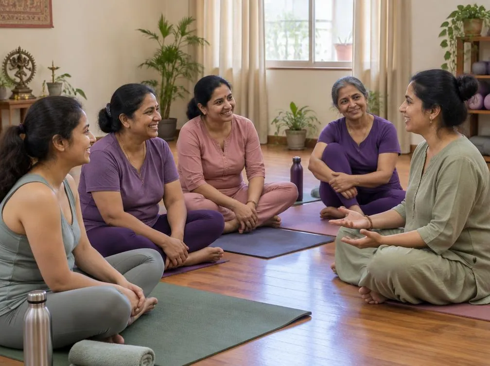 Women of different ages chatting together after yoga practice