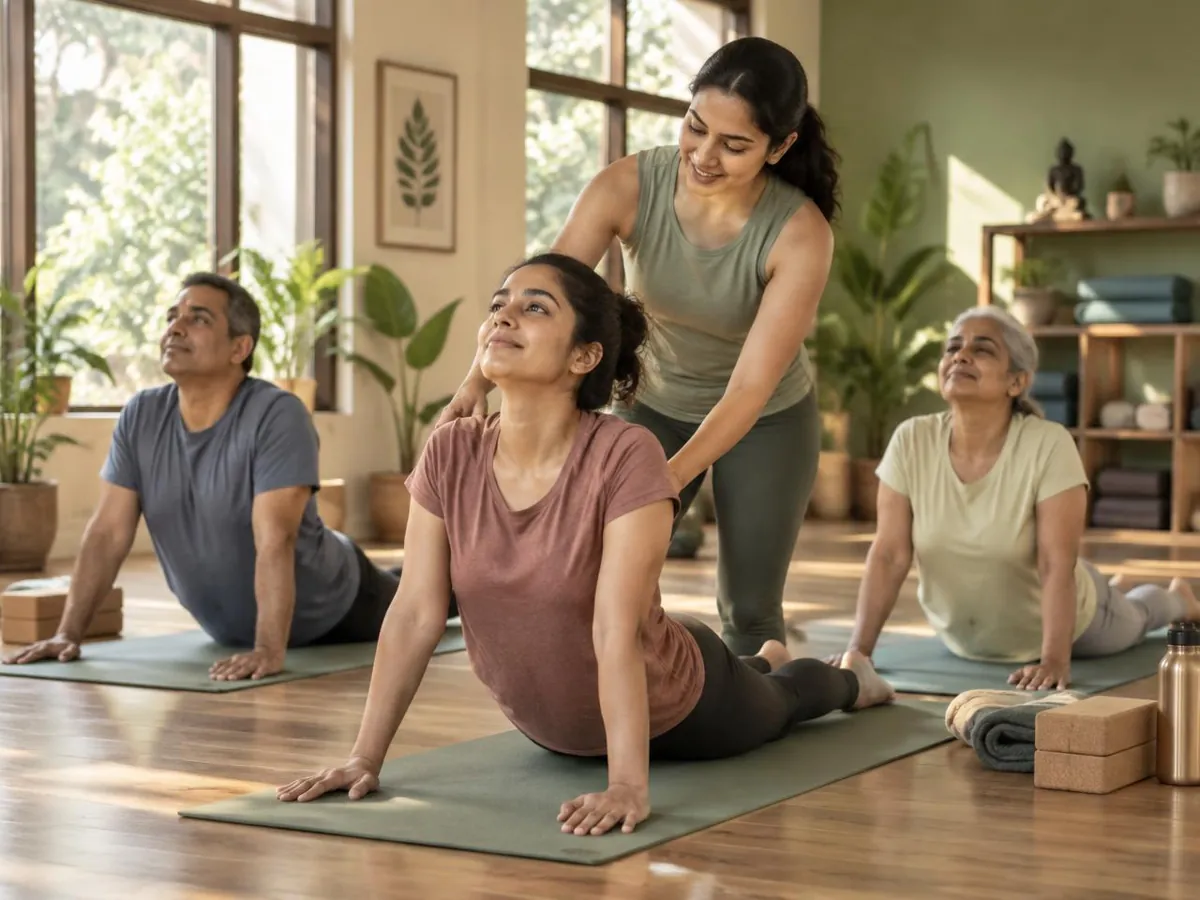 Yoga instructor guiding a small group class at Sukoon Yoga Studio