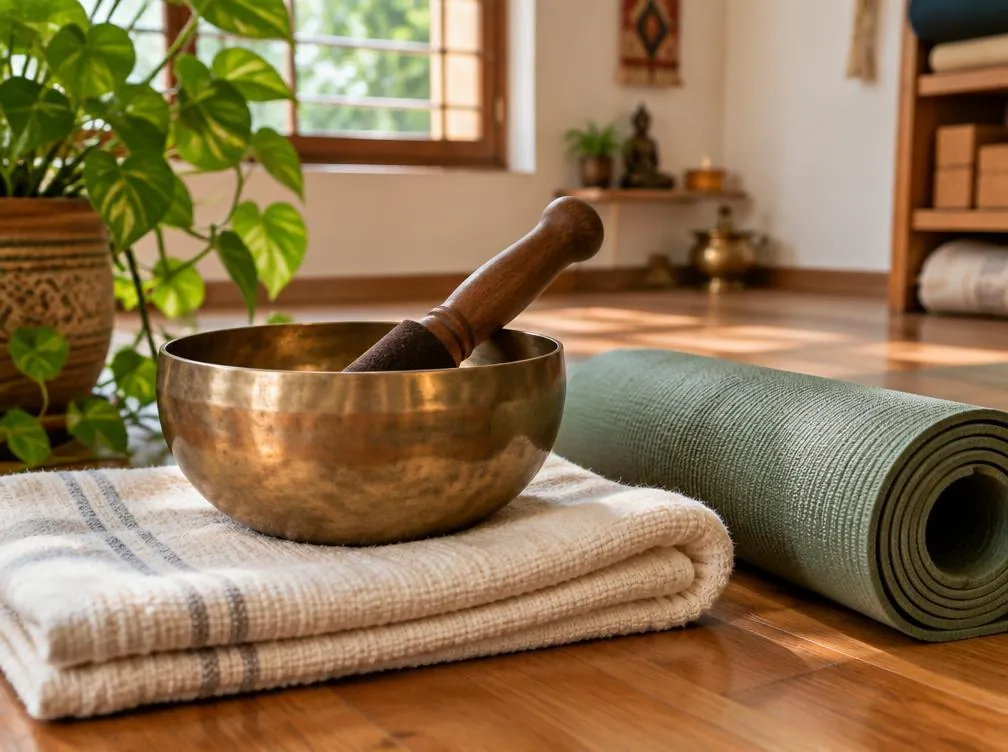 A brass singing bowl and folded towel beside a sage yoga mat