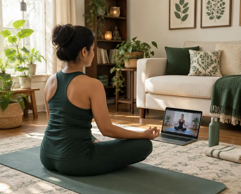 Online yoga class followed from home on a laptop