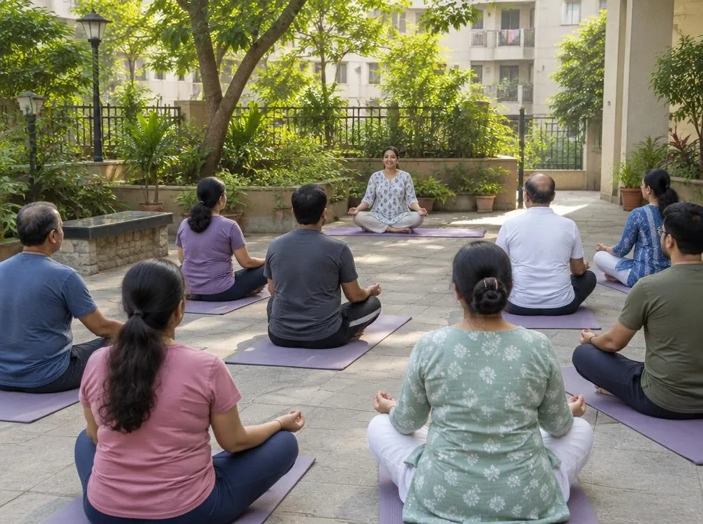 Indian neighbours practising yoga together in a leafy community courtyard