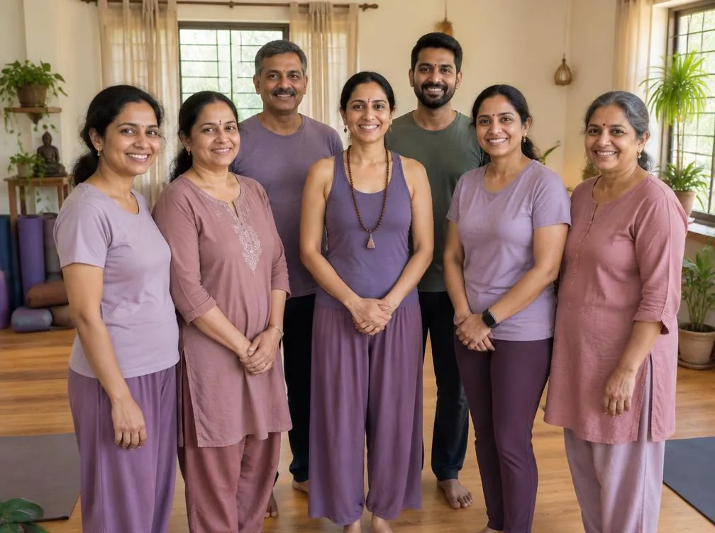 A friendly group of yoga students and their instructor together after a studio event